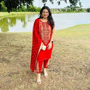 Red embroidered dress Pakistani Indian clothes - desi wear